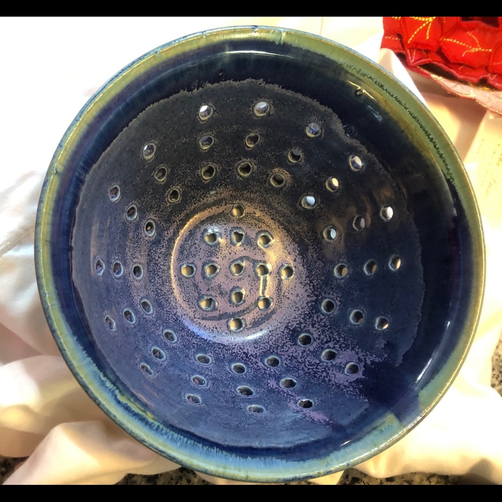 Pottery strainer Handmade Blue green. Art decor